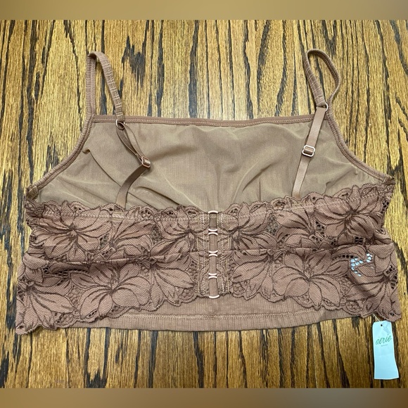 Aerie Juniors Womens Large Brown Ribbed Pull On Bralette Lace Back Shelf Bra NWT - Picture 2 of 7